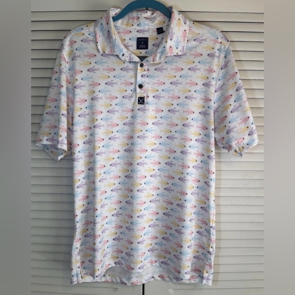 CON.STRUCT Mens Fish Print Golf Polo Shirt Sz M Quick Dry 4-Way Stretch UV 50+ - Picture 9 of 11